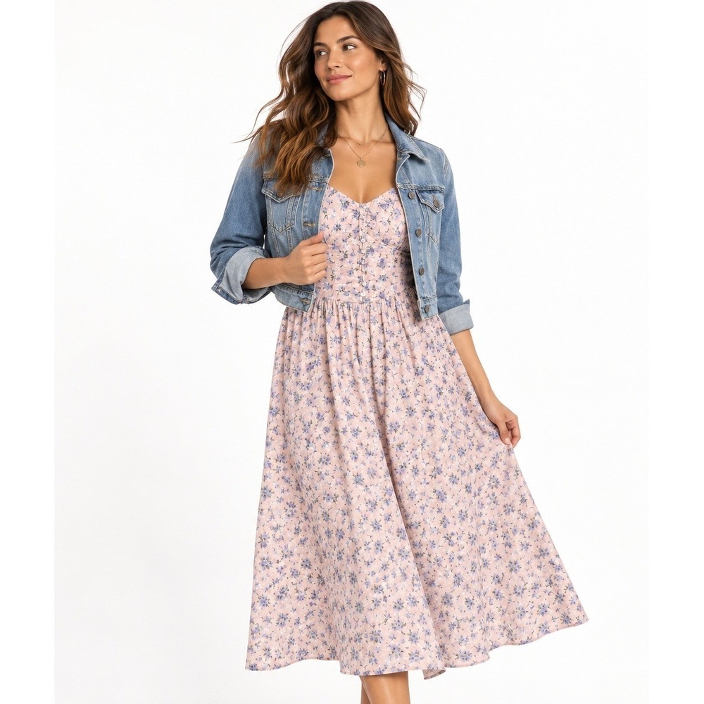 Dizzy Lizzy Pink Blue Floral Cotton Smocked Midi Dress Womens Size M Sleeveless